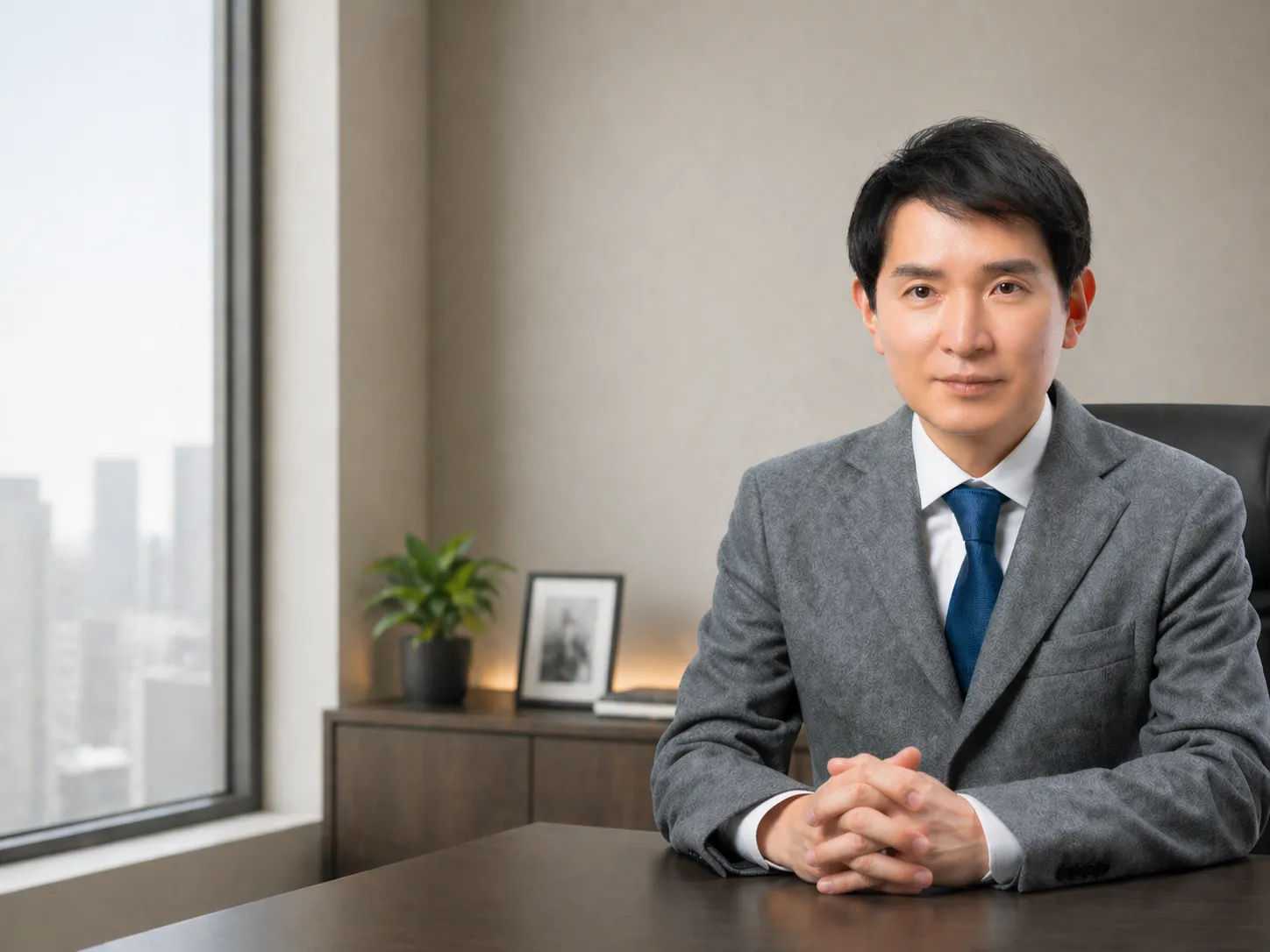 グレーのスーツと青いネクタイを着用した男性が、都市を望むオフィスのデスクに着席している